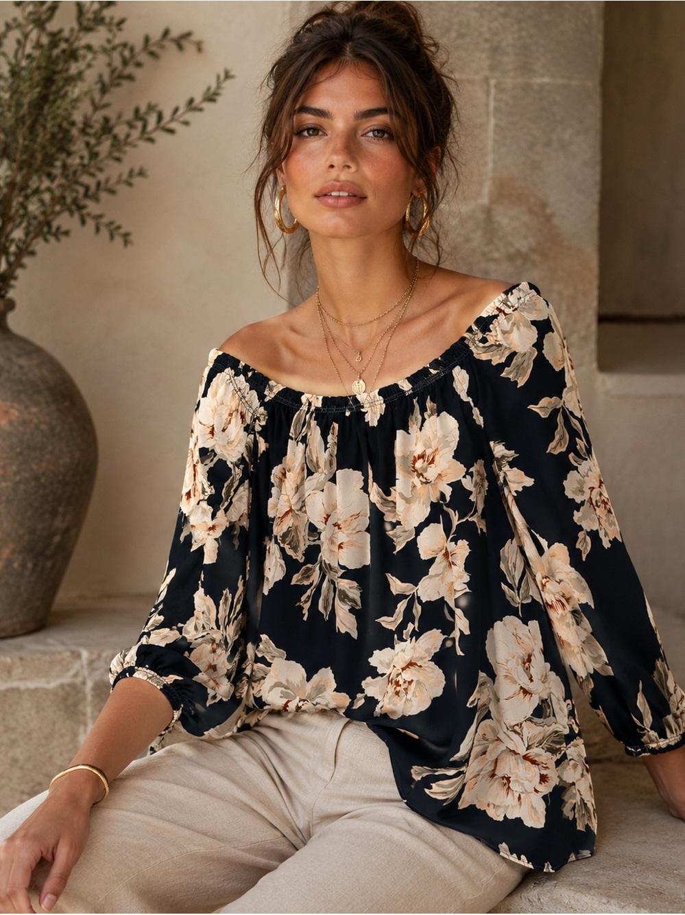 Romantic Floral Peasant Blouse Off Shoulder Oversized Top